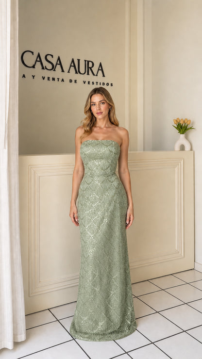 Model wearing sage green strapless sequin evening dress