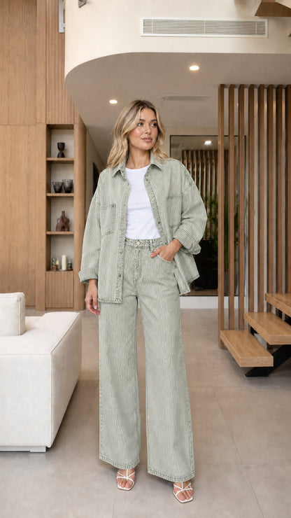 Model wearing Sage Green striped denim shacket and wide-leg pants two-piece set