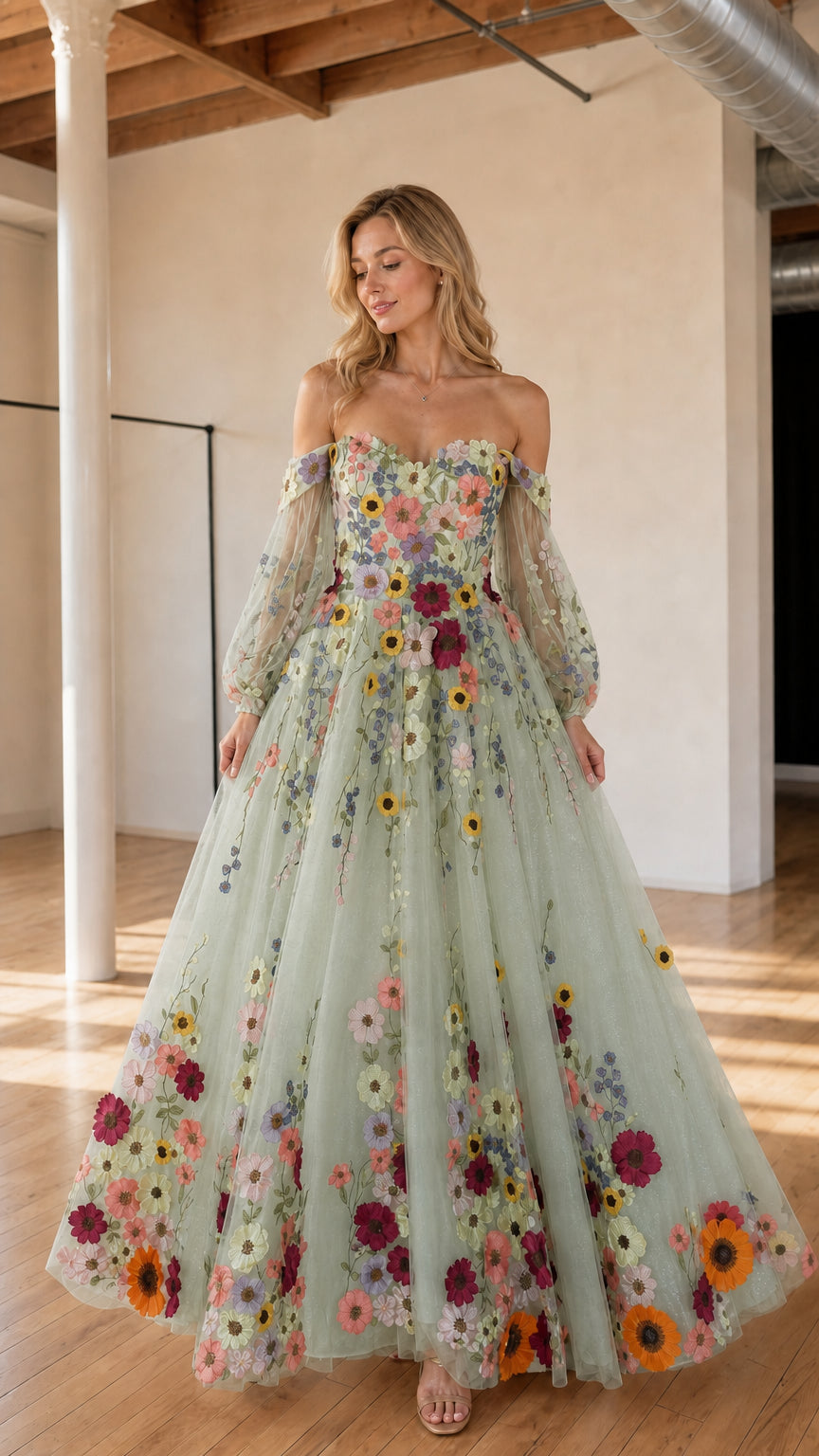 Sage green off-the-shoulder floral embroidered tulle formal dress