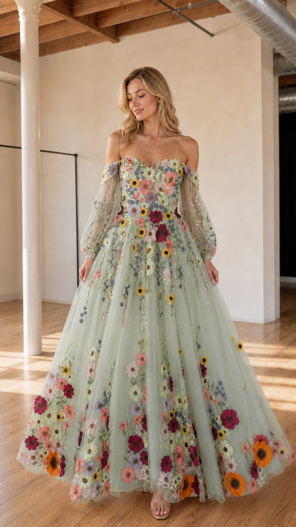 Sage green off-the-shoulder floral embroidered tulle formal dress
