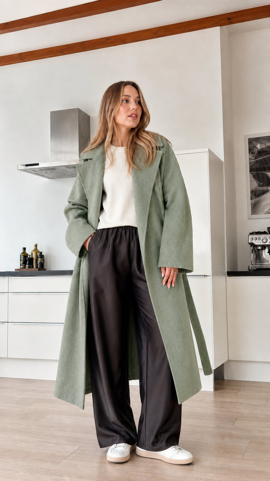 Model wearing sage green full-length wrap coat