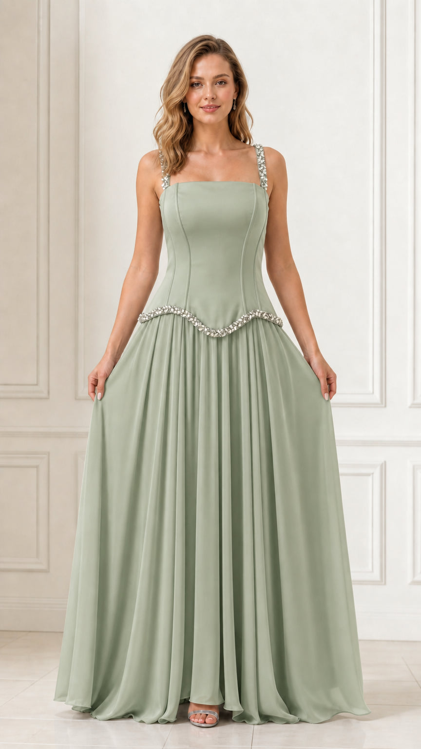 Full front view of a woman wearing a sage green square neck evening maxi dress