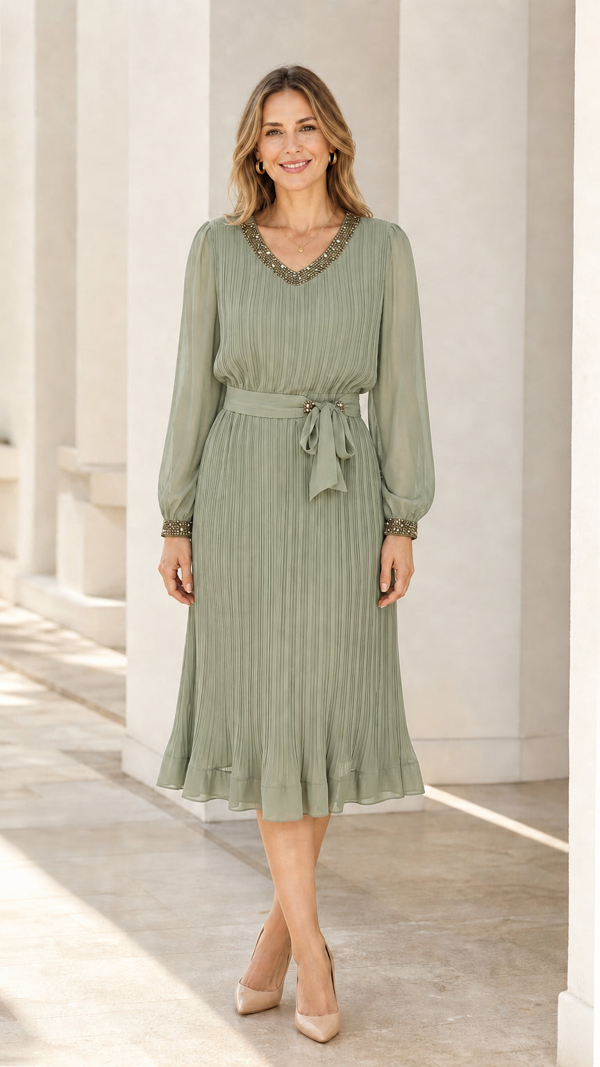 Front view of sage green long sleeve pleated midi dress
