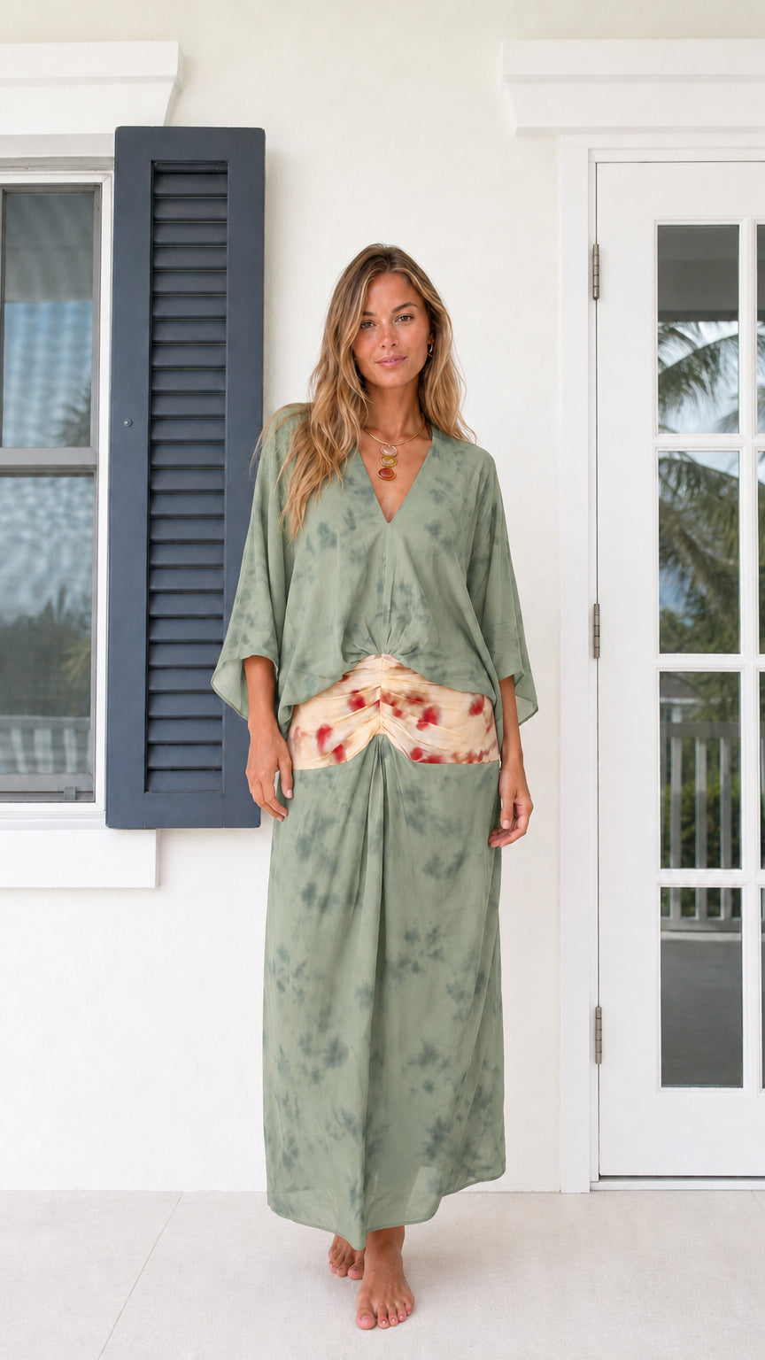 Front full-length view of model wearing Sage Green relaxed kimono maxi dress