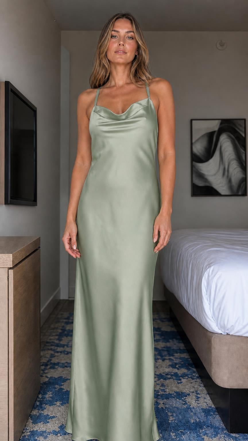 Front view of model wearing sage green satin cowl neck maxi dress