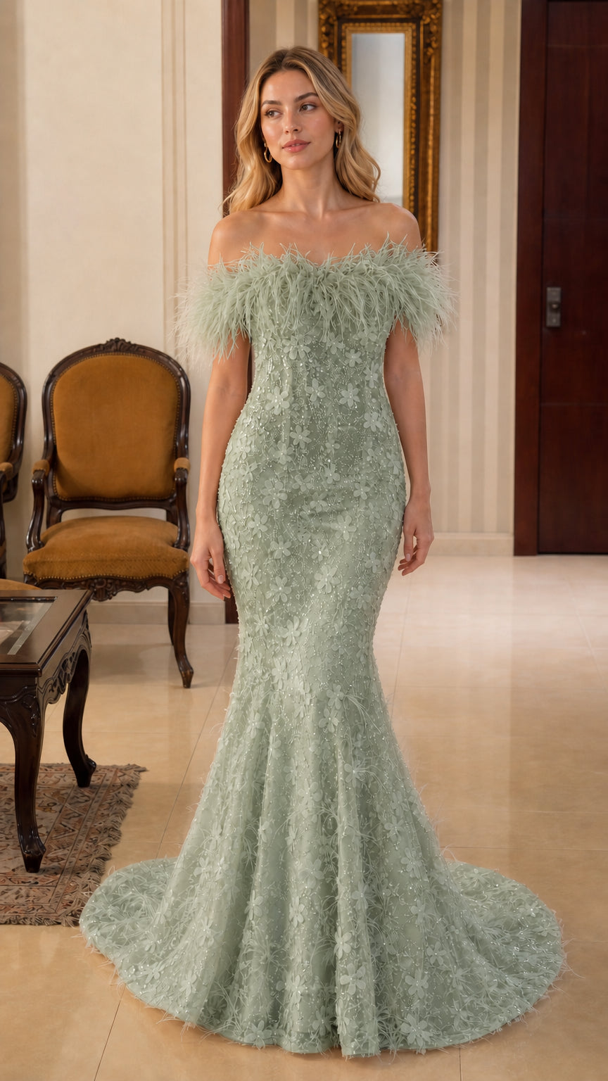 Sage green variant of off-shoulder feather trim mermaid gown