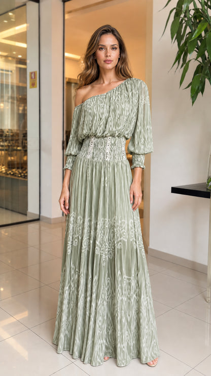 Model wearing Sage Green one-shoulder maxi dress