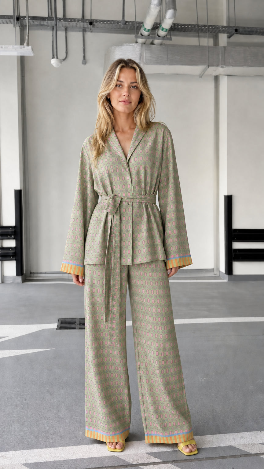 Woman wearing sage patterned two-piece lounge set