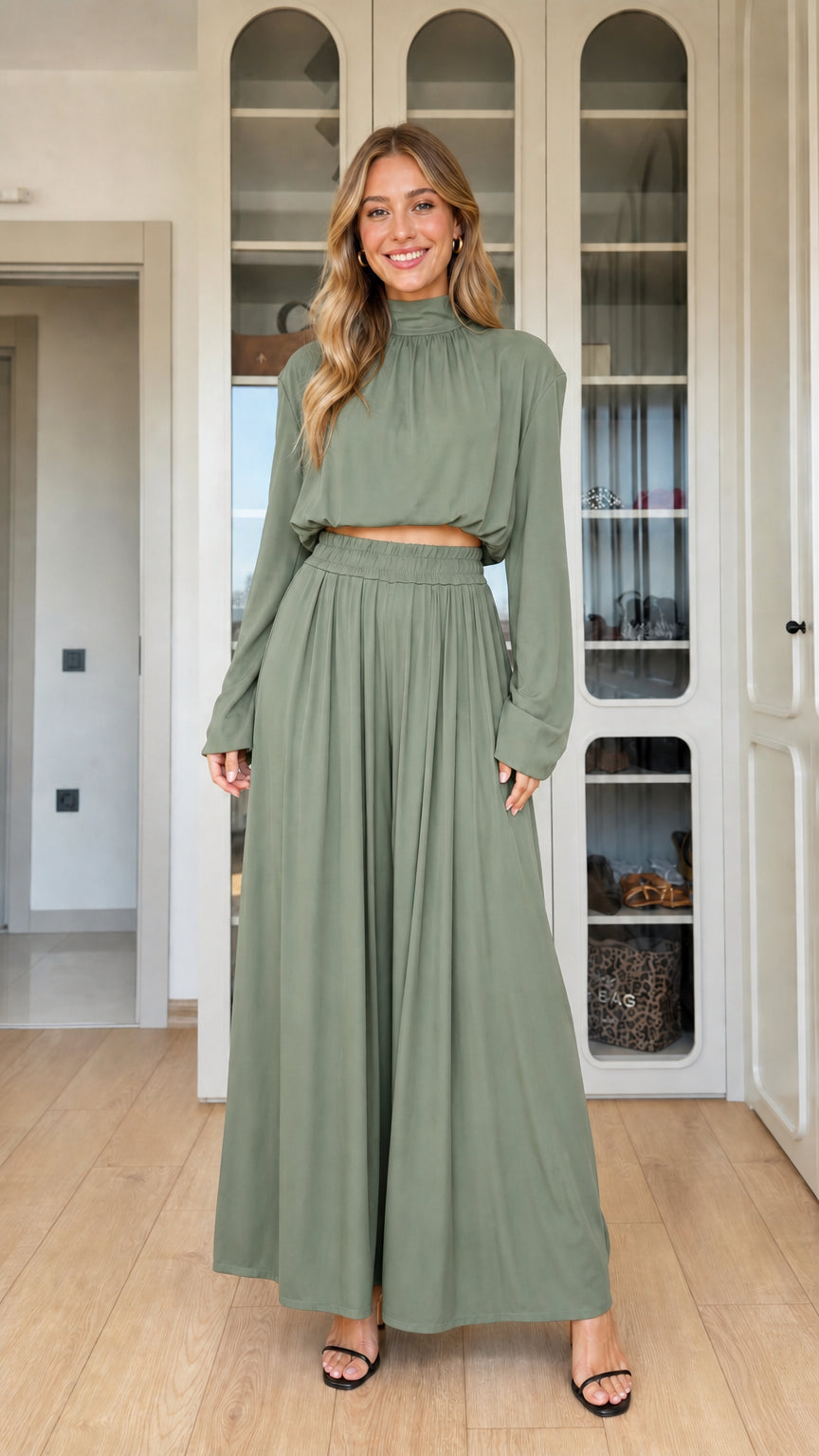 Sage green high neck long sleeve top with matching pleated palazzo pants
