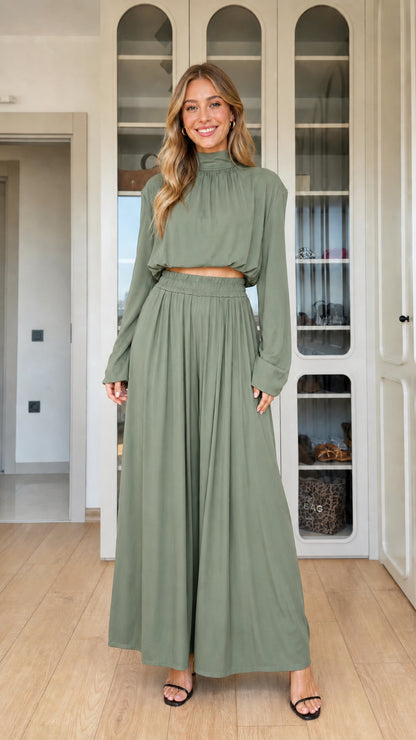 Sage green high neck long sleeve top with matching pleated palazzo pants