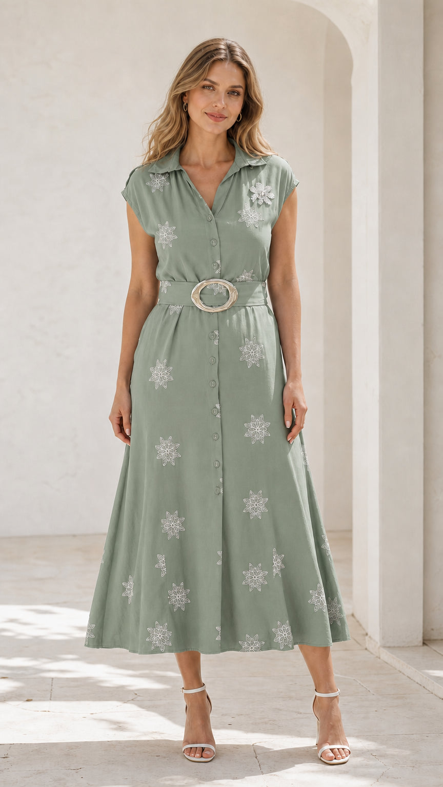Front view of sage green embroidered belted midi shirt dress
