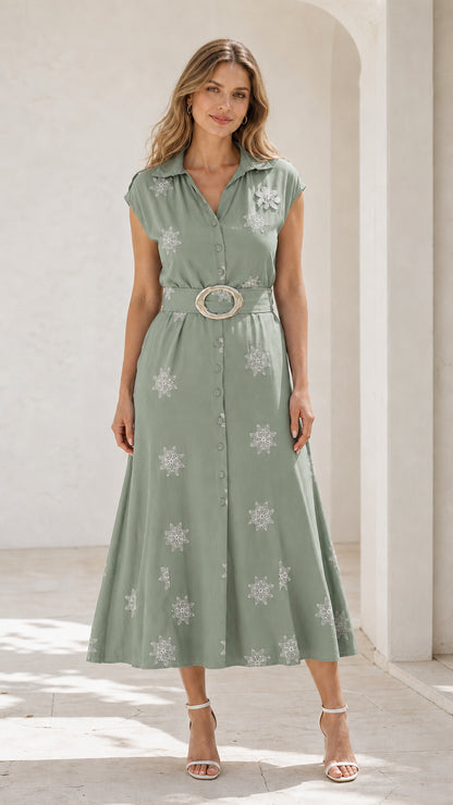 Front view of sage green embroidered belted midi shirt dress