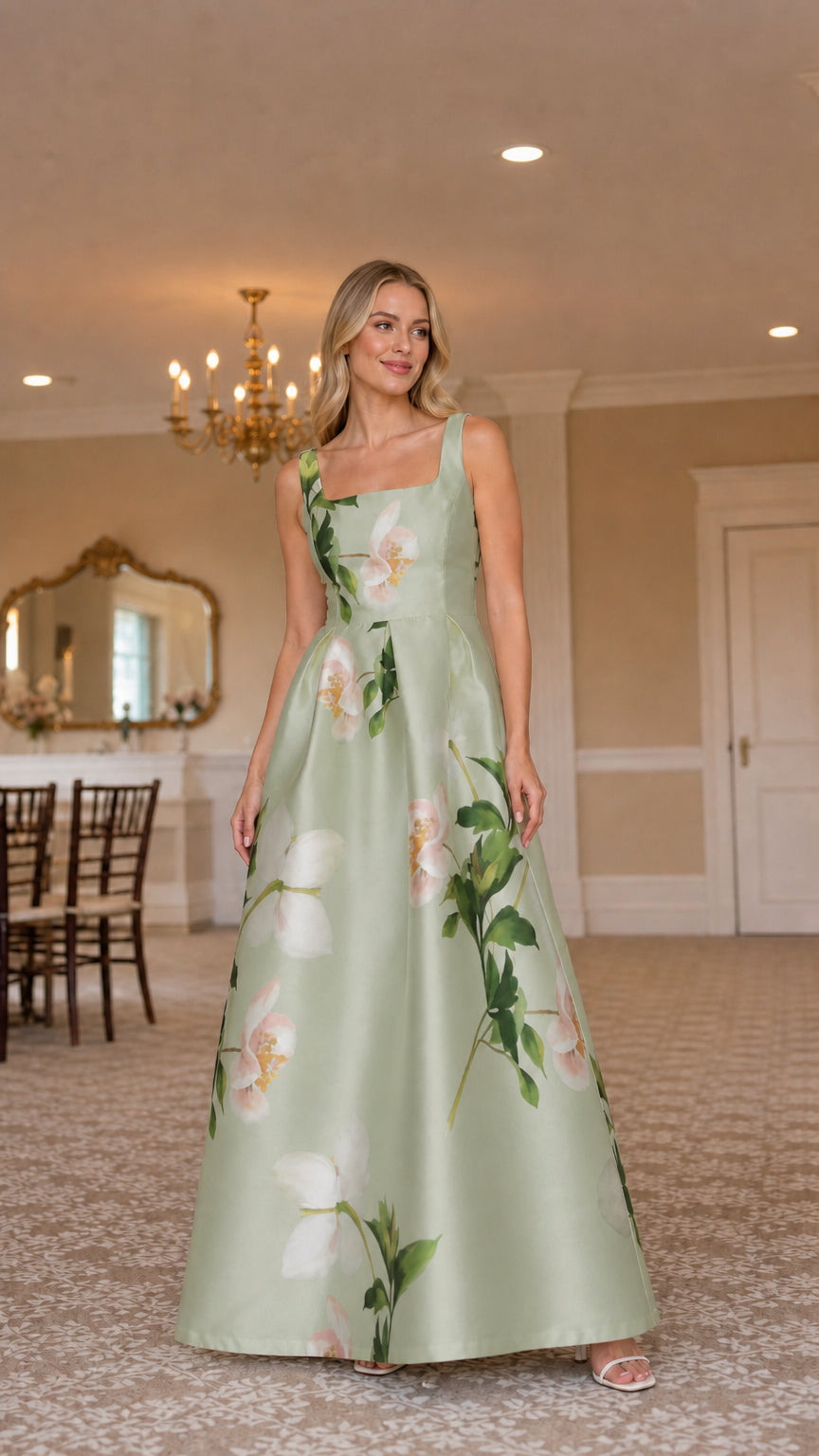 Sage green floral satin-look maxi dress shown from the front