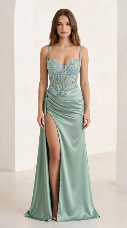 Sage green satin evening gown with lace bodice