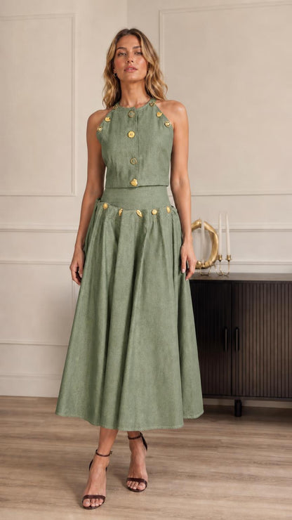 Full-length view of model in sage green two-piece set