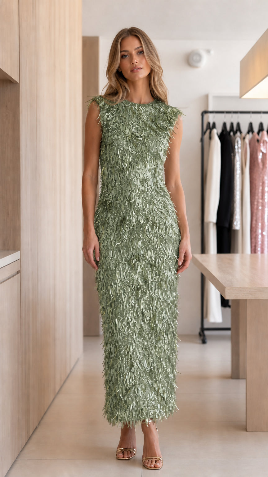 Model wearing sage green sleeveless fringe sequin column maxi dress front view