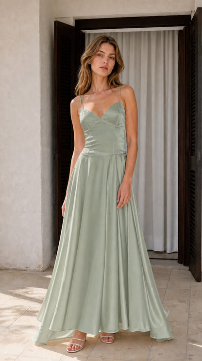 Front view of Sage Green satin spaghetti strap A-line evening dress