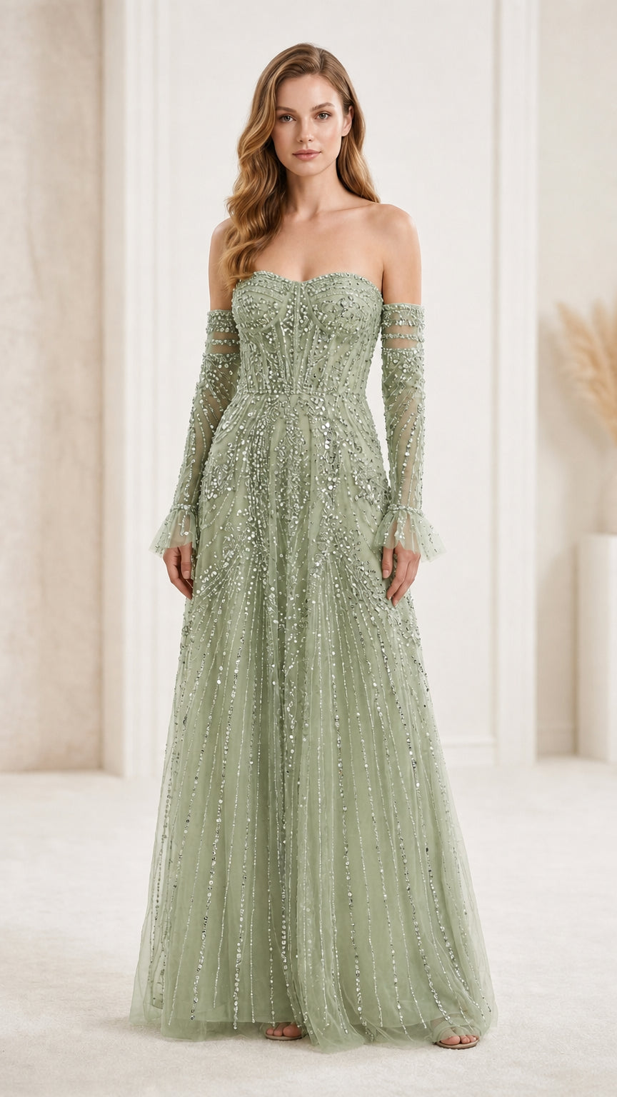 Front view of sage green evening gown variant