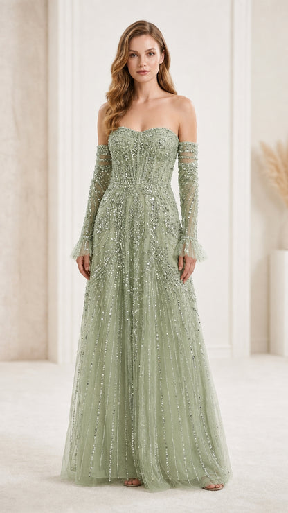 Front view of sage green evening gown variant