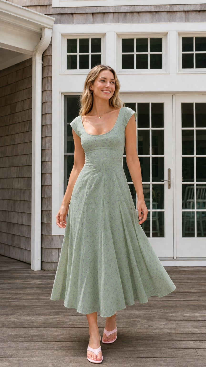 Front view of sage green floral midi dress on model