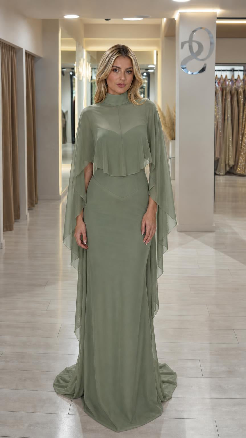 Front view of sage green chiffon cape evening maxi dress
