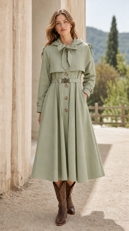 Front view of woman wearing sage green hooded swing trench coat