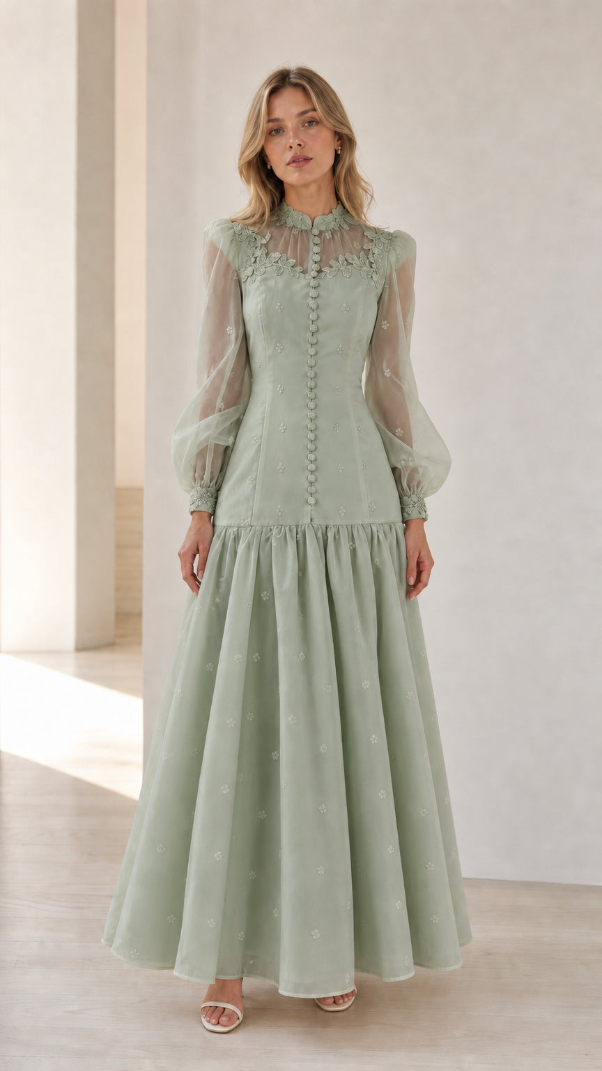 Sage Green modest long sleeve evening gown with lace yoke