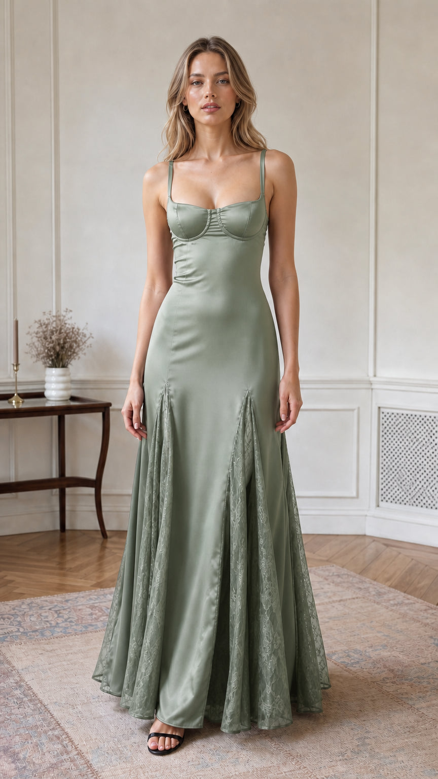 Full-length front view of sage green satin bustier evening dress with lace inserts