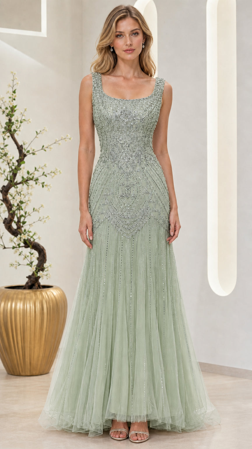 Full-length front view of sage green beaded formal evening dress