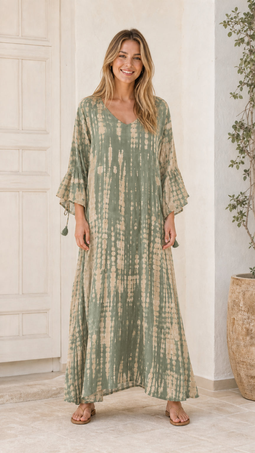 Model wearing Green tie-dye maxi dress