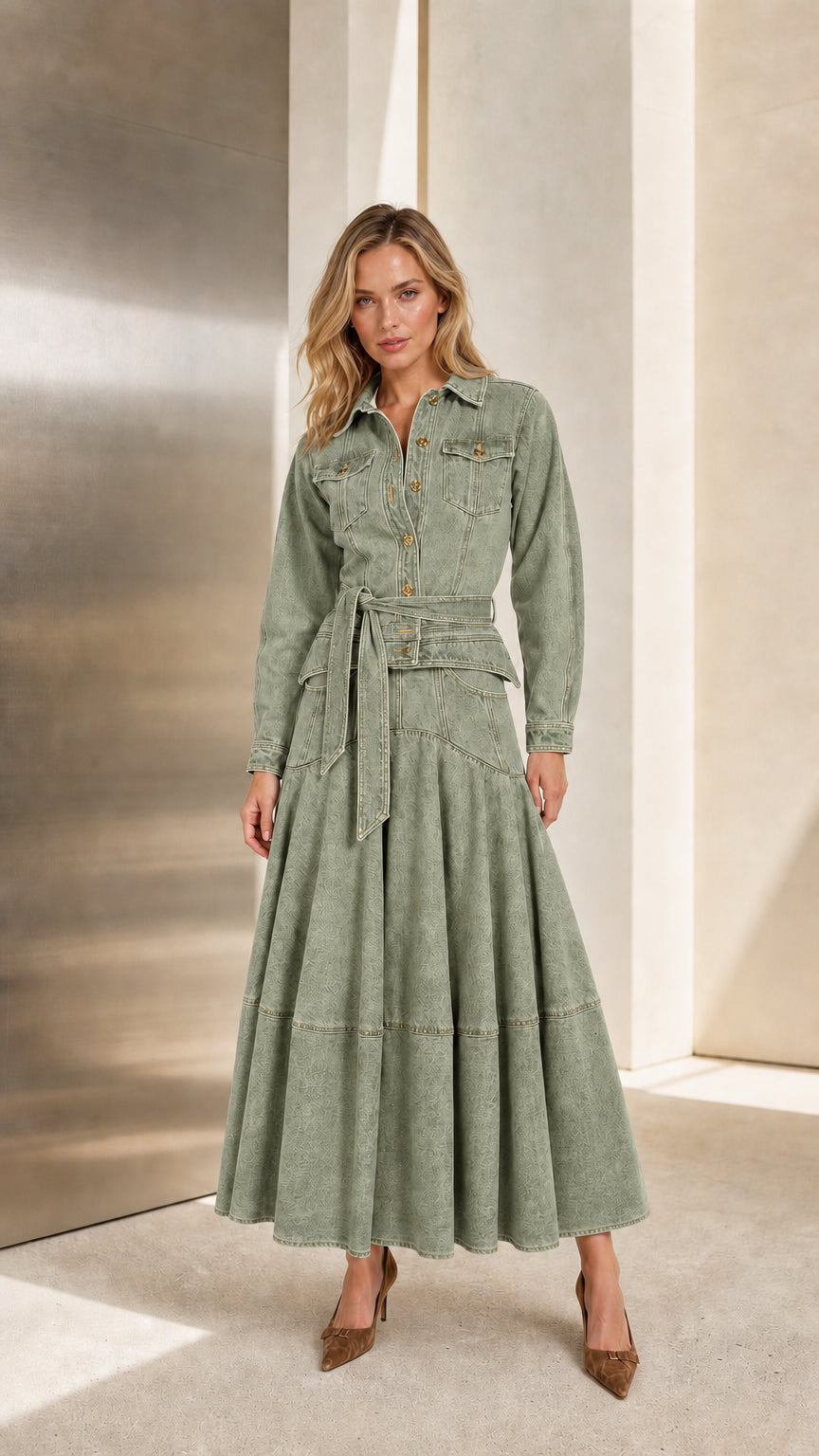 Front view of model wearing Sage Green long sleeve denim maxi shirt dress