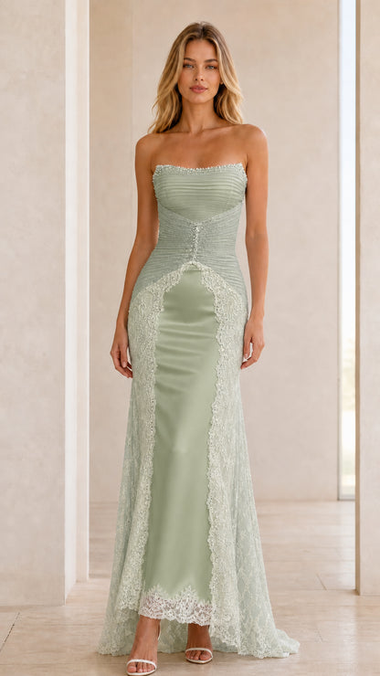 Front view of sage green strapless evening gown with delicate lace panels