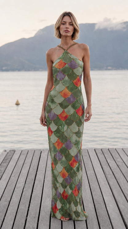 Front view of green color variant maxi dress