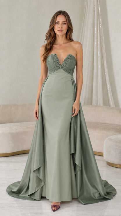 Full length view of sage green color variant evening dress