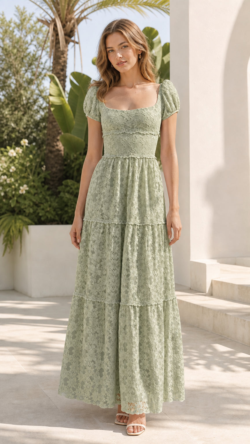 Model wearing sage green floral lace maxi dress