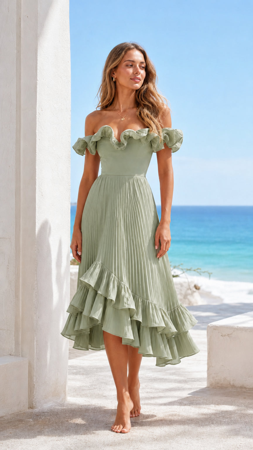 Model wearing sage green off-shoulder ruffle pleated midi dress