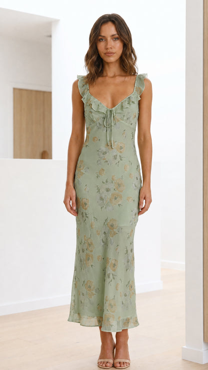 Front view of sage green floral maxi dress