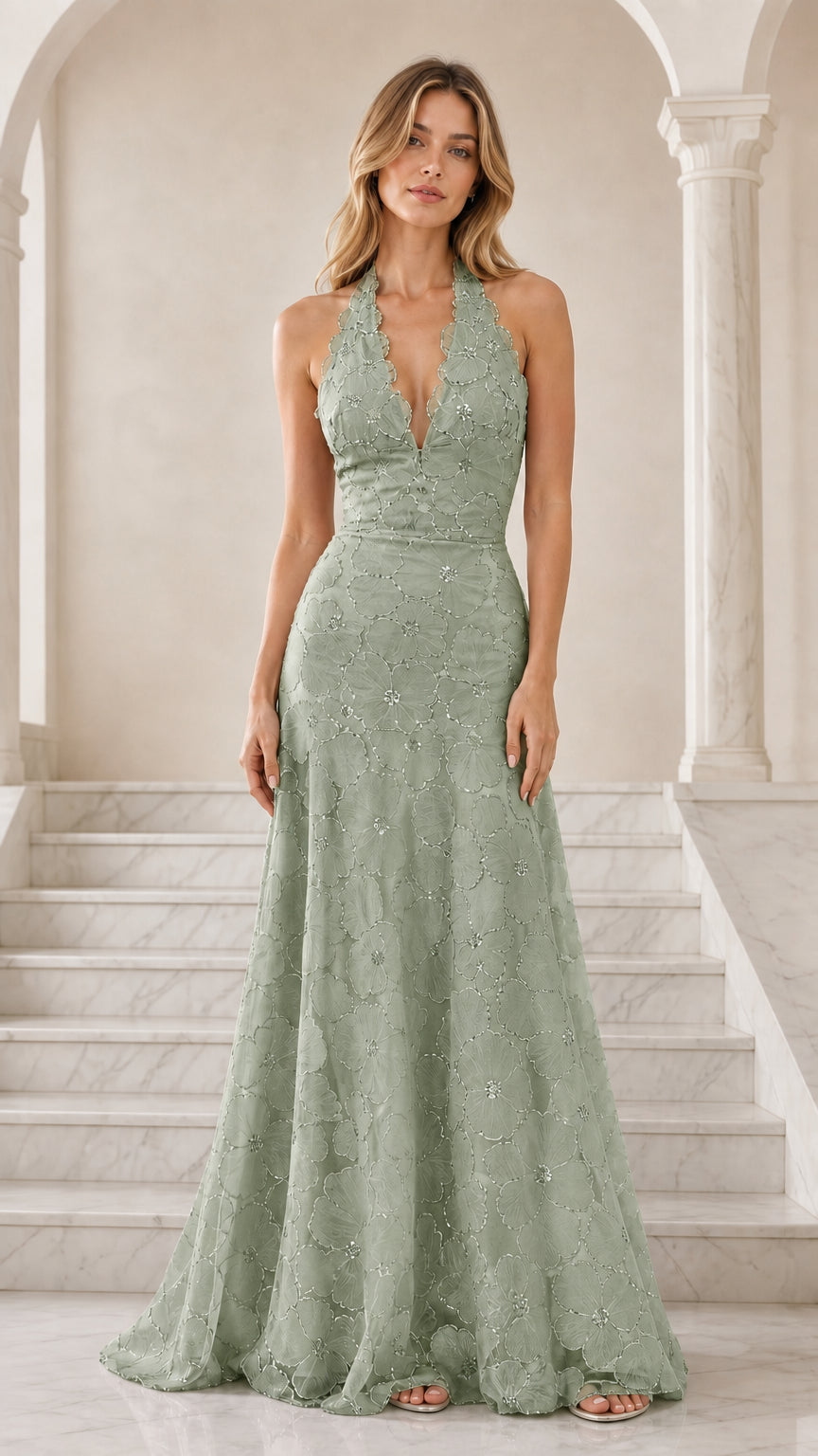 Front view of sage green floral embroidered halter maxi formal dress