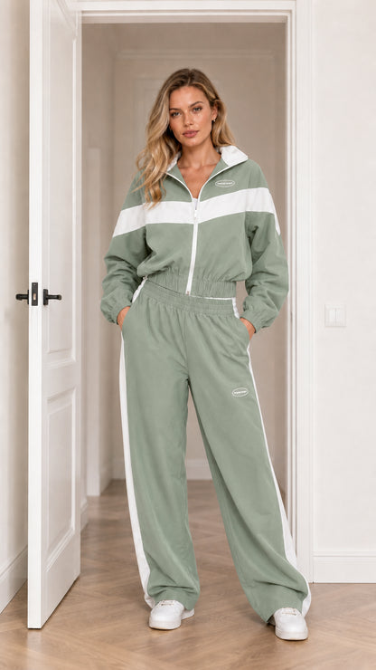 Model wearing Sage Green colorblock two-piece tracksuit set