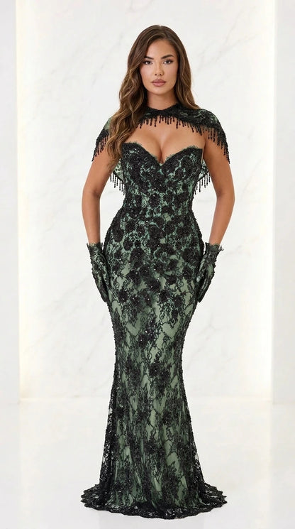 Front view of sage variant evening gown