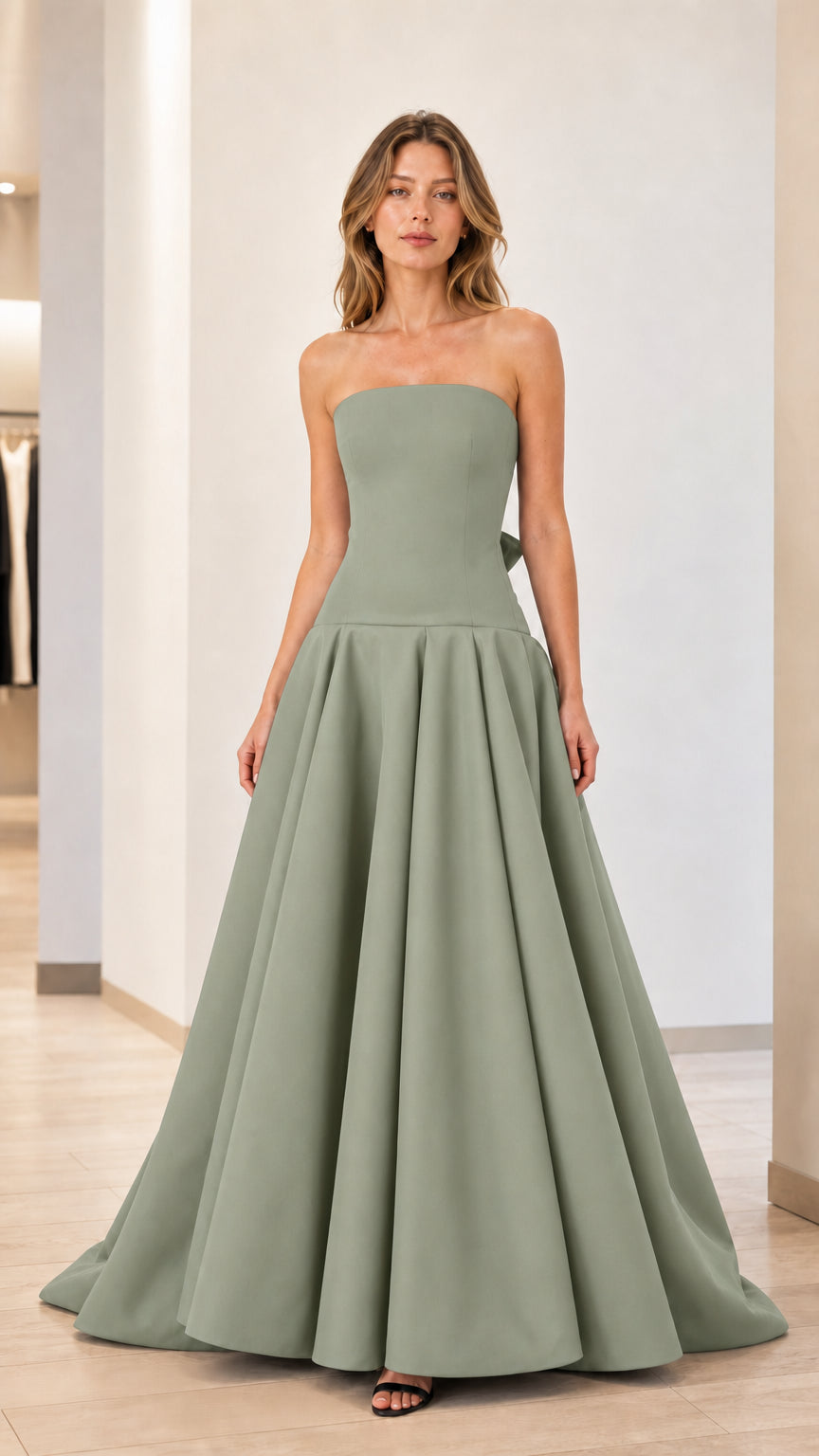 Sage green color variant of strapless evening gown