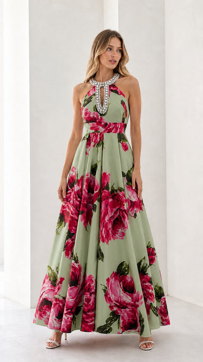 Woman wearing sage floral long dress variant