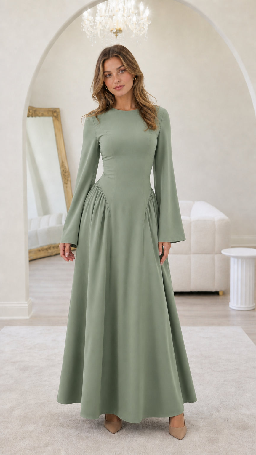 Front view of model wearing sage green long-sleeve maxi dress