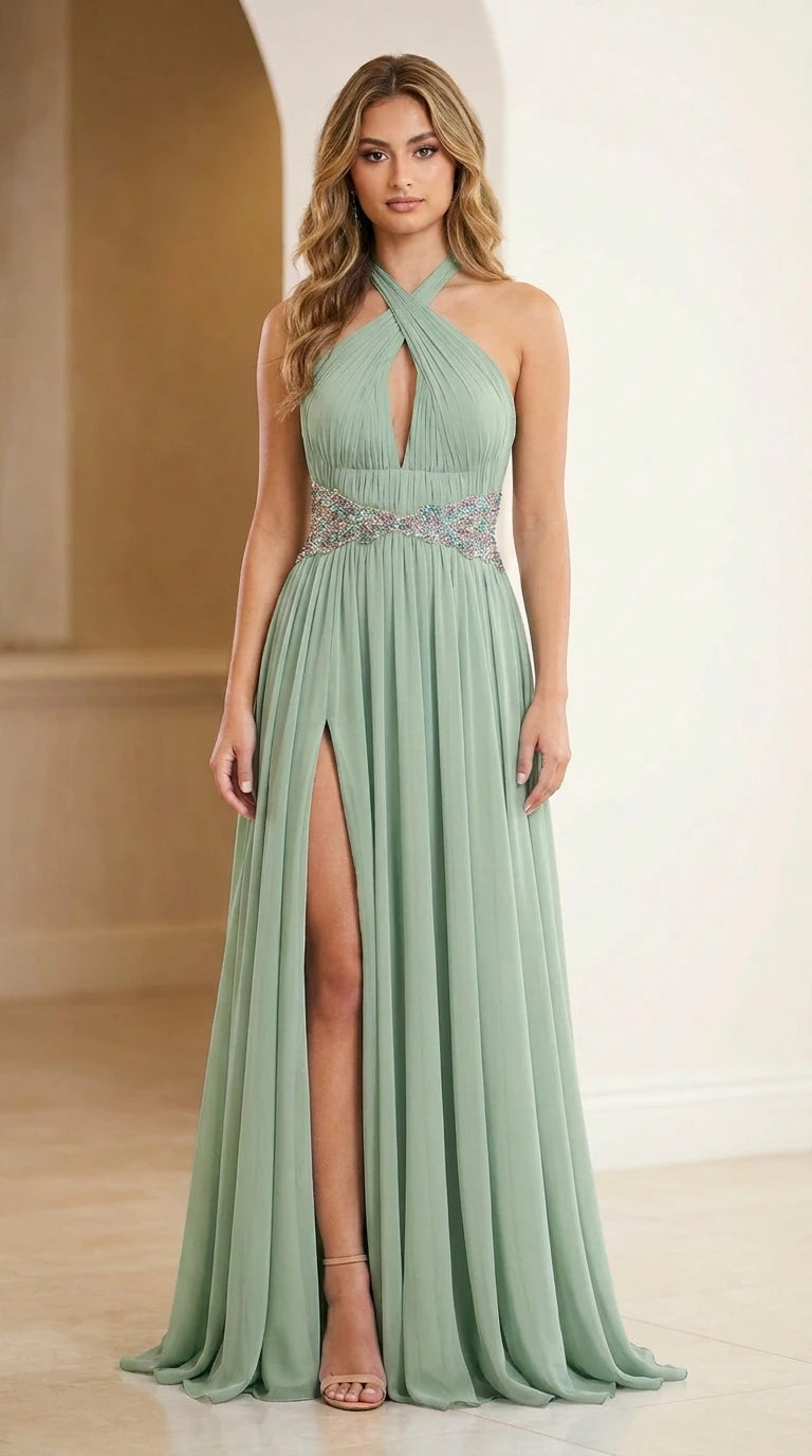 Front view of sage green halter evening dress