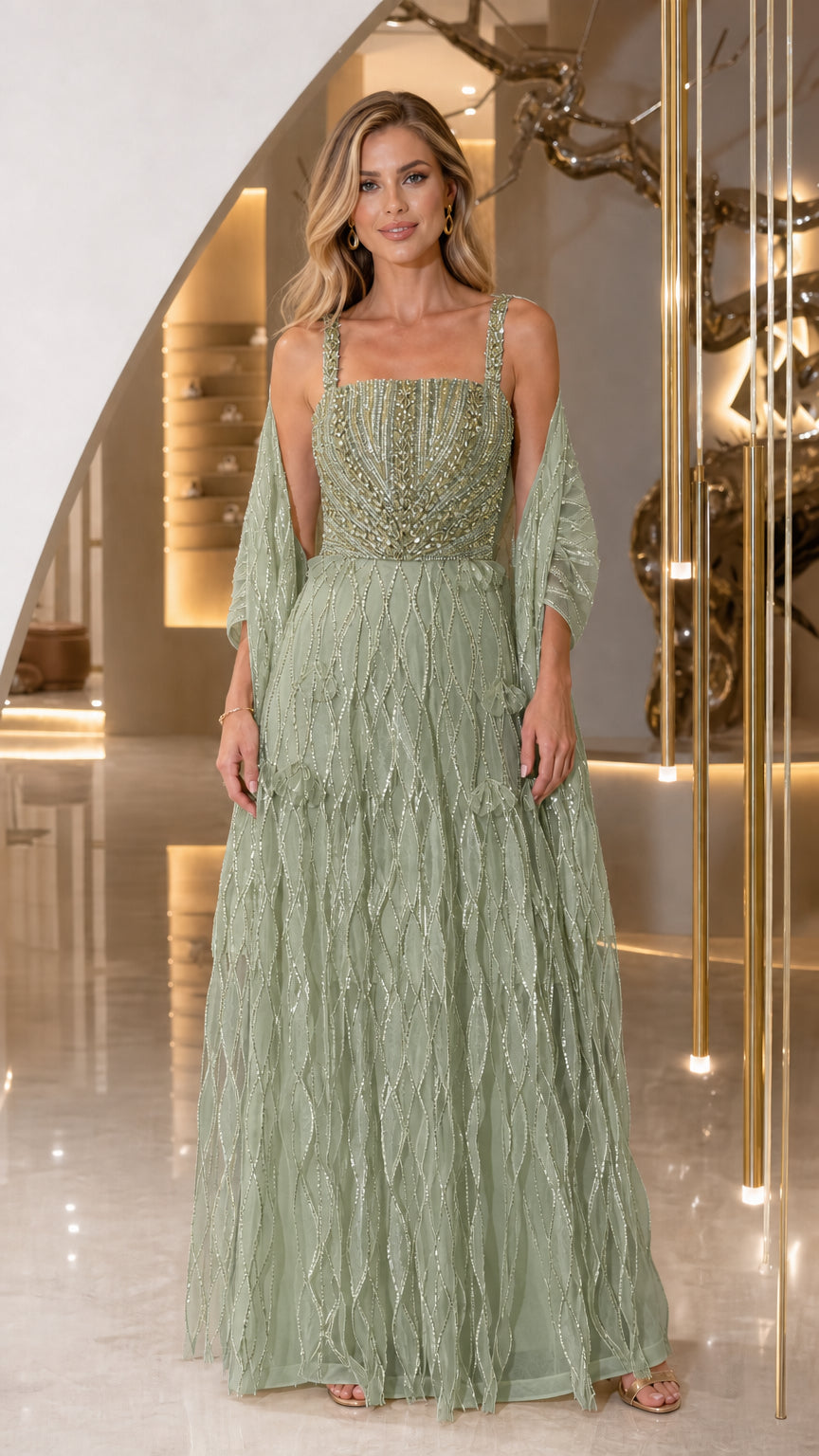 Front view of sage green sequin evening gown with matching wrap