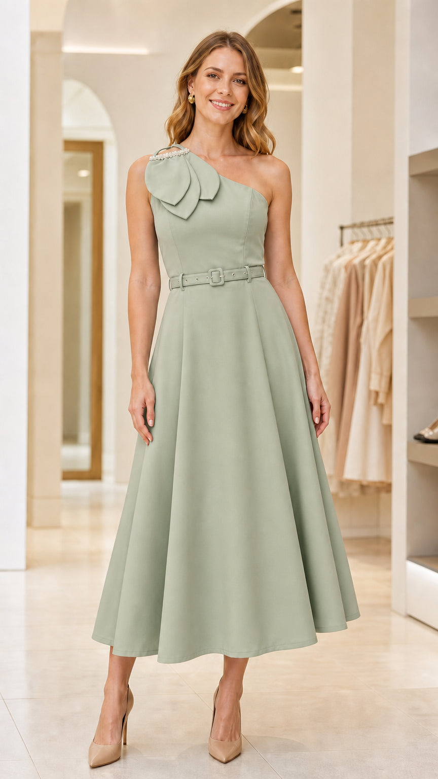 Model wearing sage green one-shoulder midi dress with belt