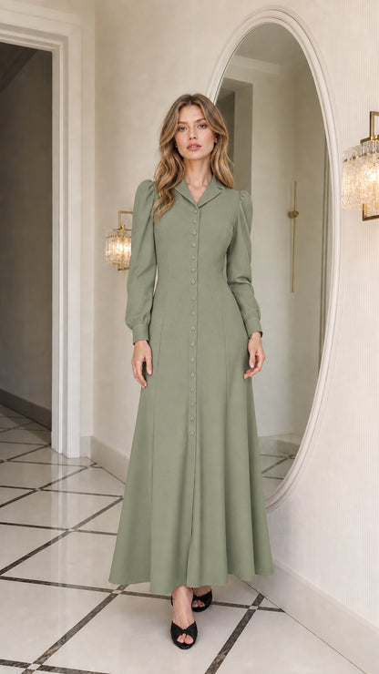 Full length view of woman wearing sage green long sleeve maxi dress