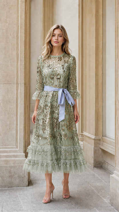 Front view of sage green sequin embroidered tulle midi dress