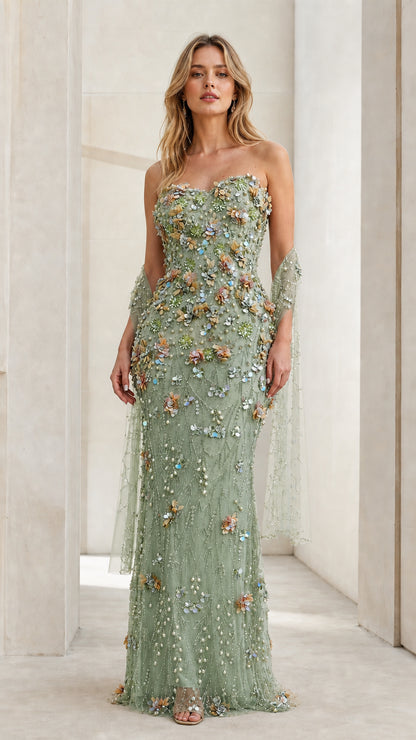 Front view of model wearing Sage Green strapless floral beaded evening gown