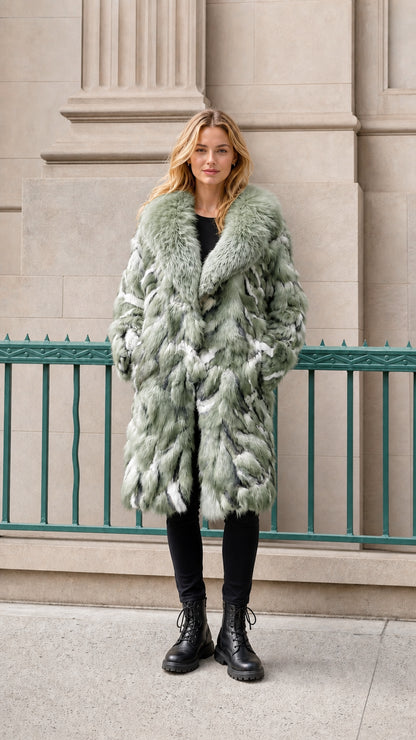 Model wearing sage green faux fur coat